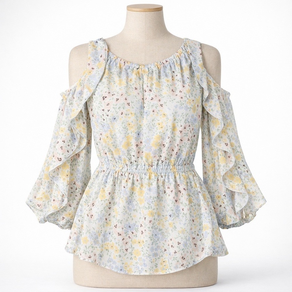 Floral Cold Shoulder Peplum Top Size S‎ Cream Ruffle Boho Romantic Whimsy Dainty